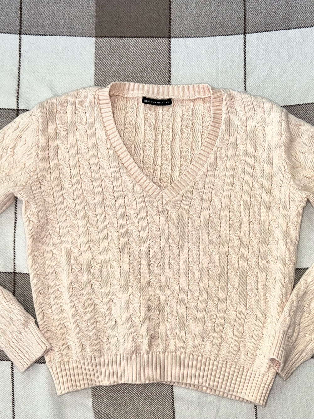 Brandy Melville Pale Pink Cable-Knit V-Neck Sweater